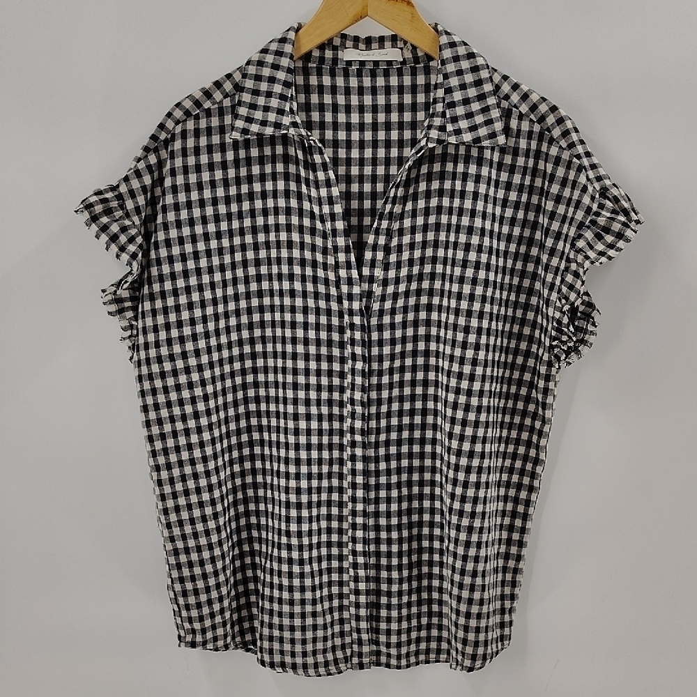 Mustard Seed Button Down Top Size Large Black Cream Gingham Check Ruffle Sleeve